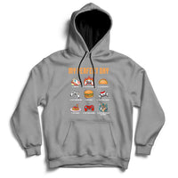 Gray gaming hoodie with drawstring hood, front pocket, and colorful game character graphic.
