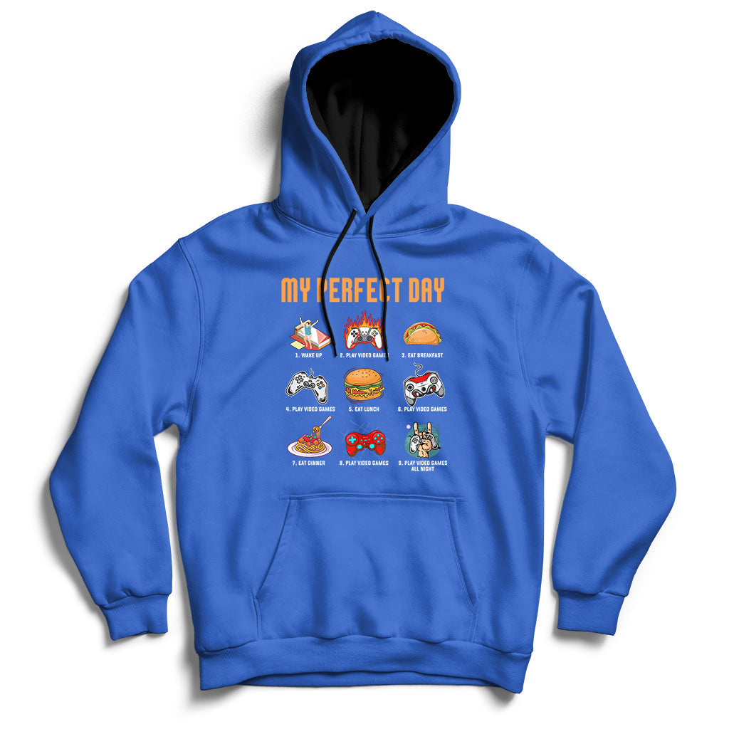 Royal blue gaming hoodie with drawstring hood, front pocket, and colorful game character graphic.
