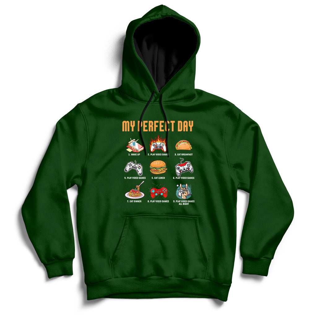 Forest green gaming hoodie with drawstring hood, front pocket, and colorful game character graphic.
