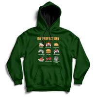 Forest green gaming hoodie with drawstring hood, front pocket, and colorful game character graphic.