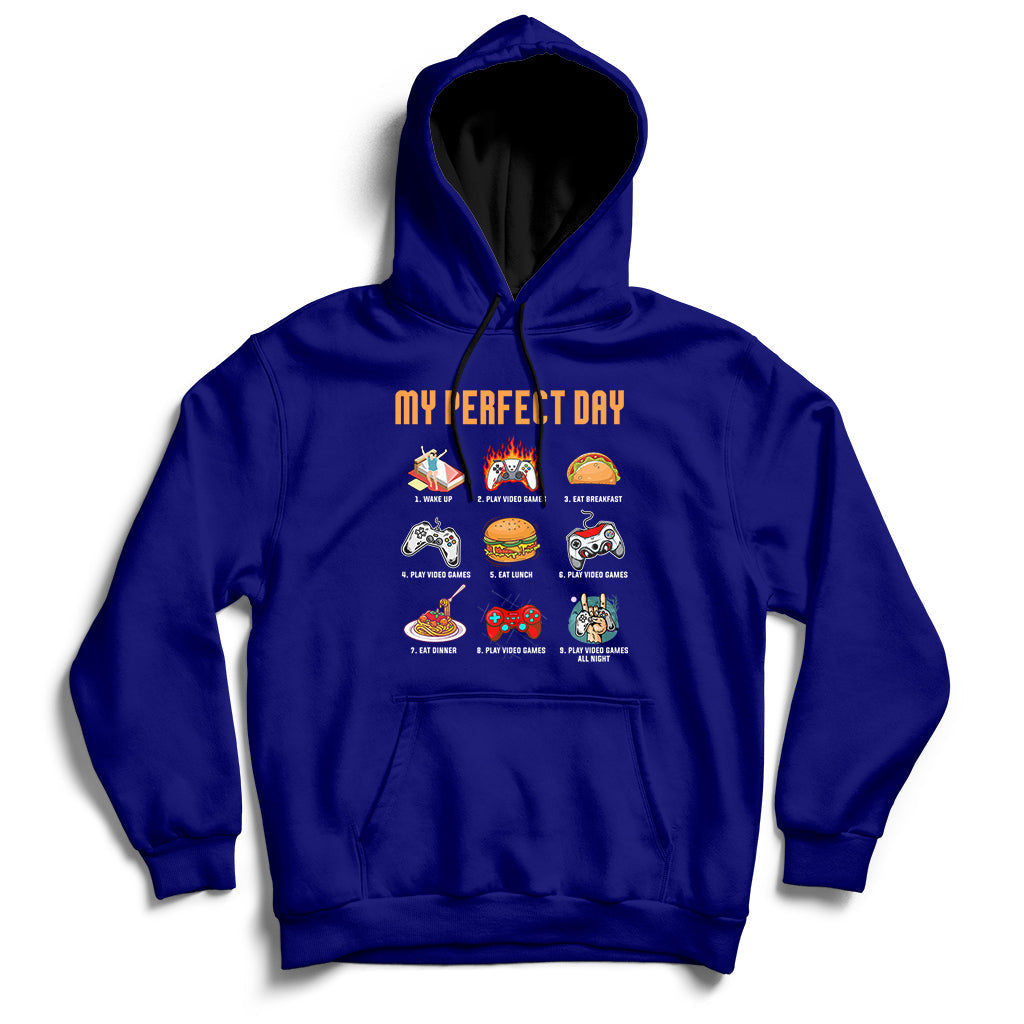 Navy blue gaming hoodie with drawstring hood, front pocket, and colorful game character graphic.