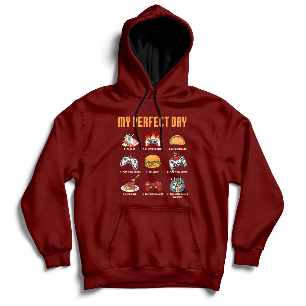Maroon gaming hoodie with drawstring hood, front pocket, and colorful game character graphic.