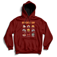 Maroon gaming hoodie with drawstring hood, front pocket, and colorful game character graphic.
