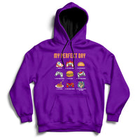 Purple gaming hoodie with drawstring hood, front pocket, and colorful game character graphic.