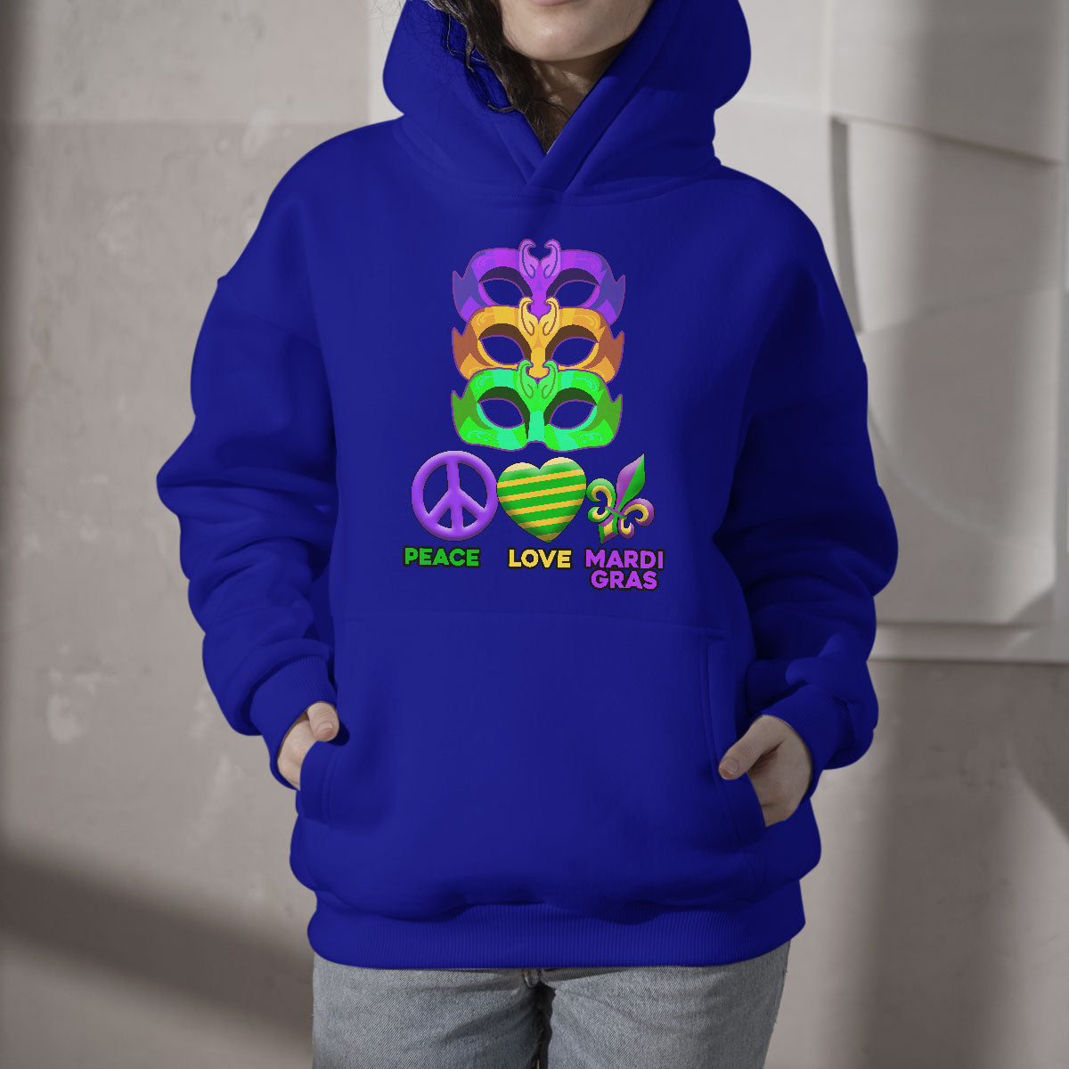 Peace Love Mardi Gras Mardi Gras Costume Carnival Mask Beads And Bling Hoodie - Wonder Print Shop