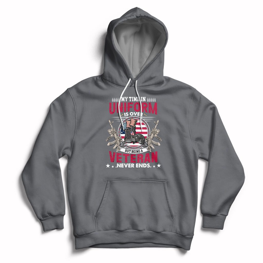 Charcoal heather pullover hoodie with veteran graphic on the chest