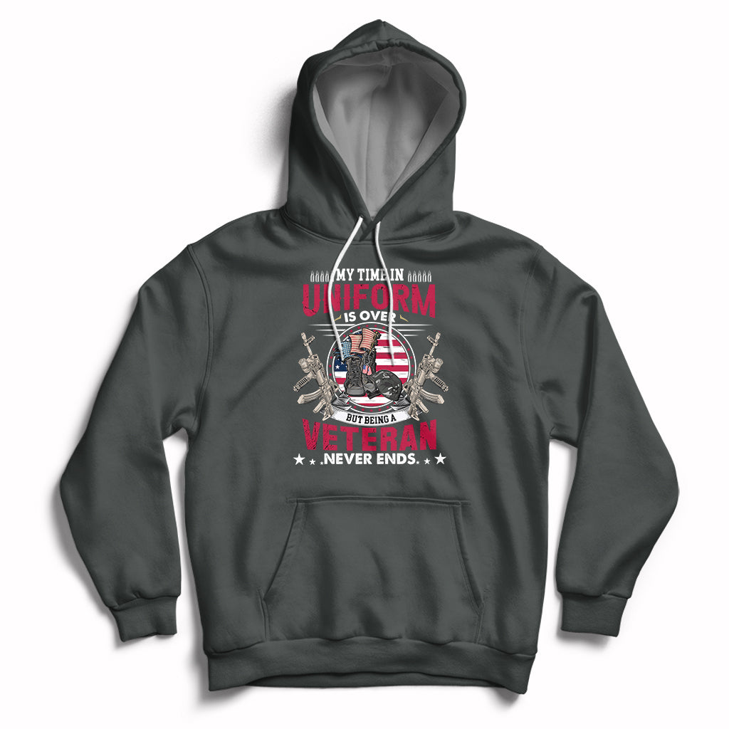 Dark heather pullover hoodie with veteran graphic on the chest