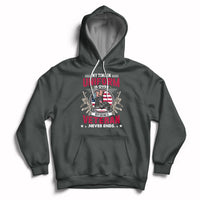 Dark heather pullover hoodie with veteran graphic on the chest