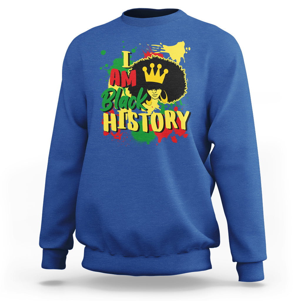 Royal blue crewneck sweatshirt with colorful “I AM Black HISTORY” pride graphic.