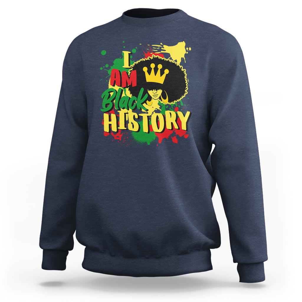 Charcoal-blue crewneck sweatshirt with colorful “I AM Black HISTORY” graphic.