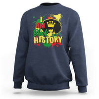 Charcoal-blue crewneck sweatshirt with colorful “I AM Black HISTORY” graphic.