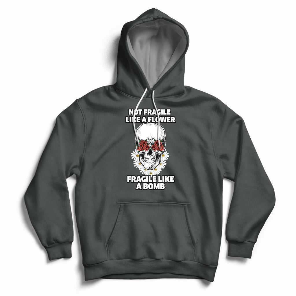 Charcoal gray floral skull hoodie with front graphic, drawstring hood, and kangaroo pocket