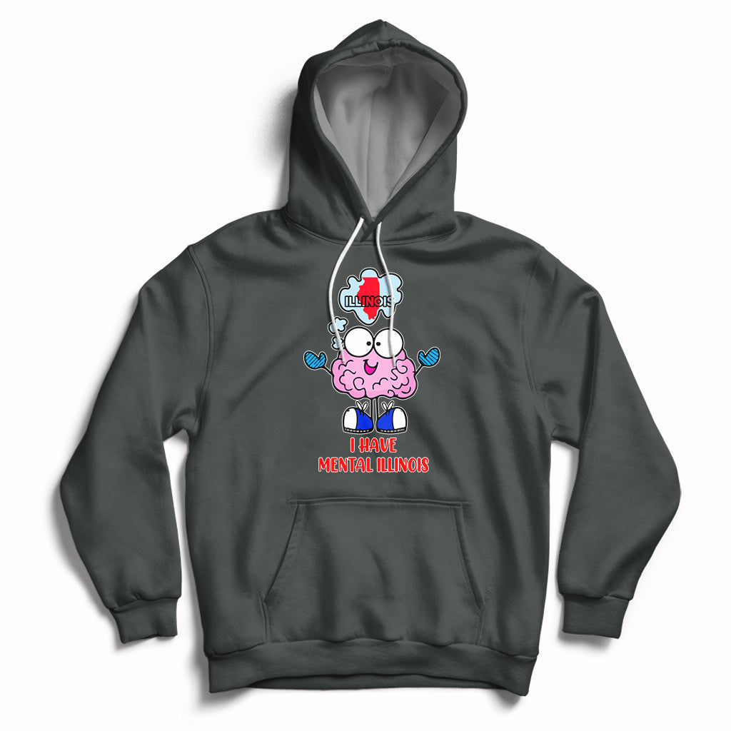 Charcoal pullover hoodie with hood, front pocket, and mental Illinois graphic print.