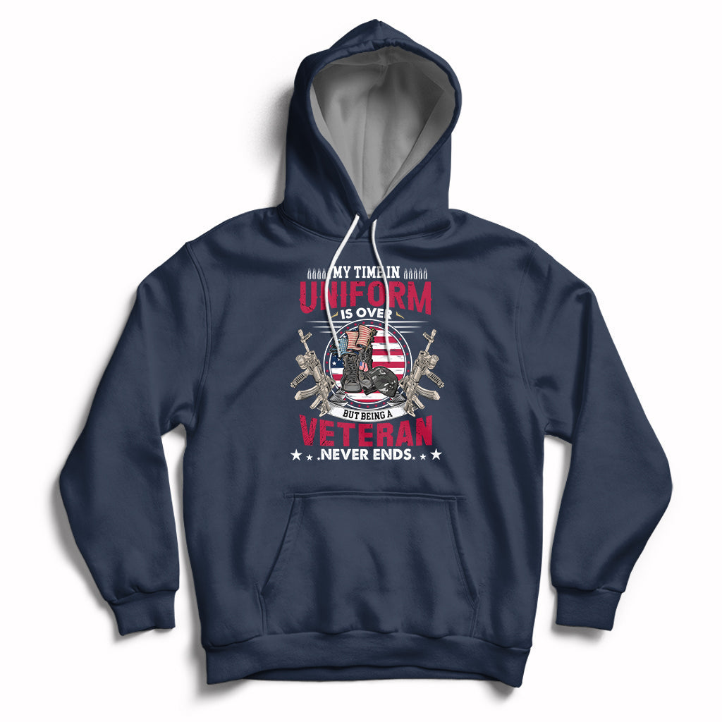 Navy pullover hoodie with veteran graphic on the chest