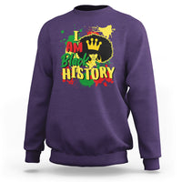 Purple crewneck sweatshirt with colorful “I AM Black HISTORY” pride graphic.