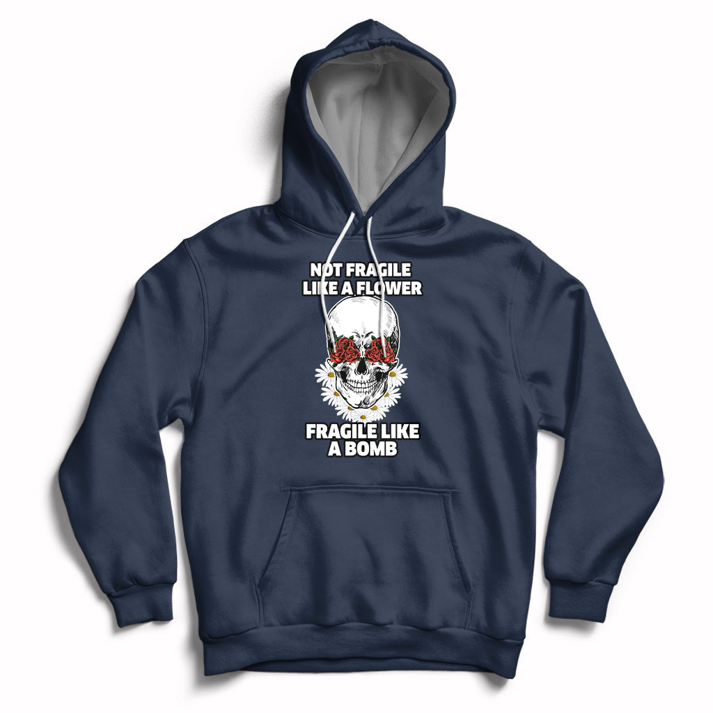 Navy floral skull hoodie with front graphic, drawstring hood, and kangaroo pocket