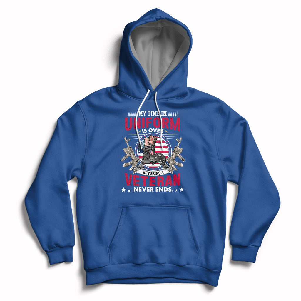 Royal blue pullover hoodie with veteran graphic on the chest