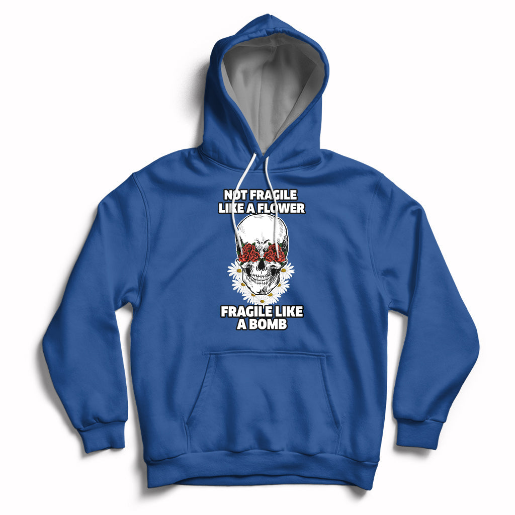 Royal blue floral skull hoodie with front graphic, drawstring hood, and kangaroo pocket