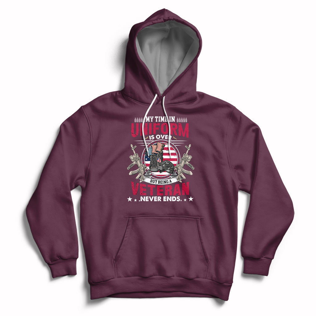 Maroon pullover hoodie with veteran graphic on the chest