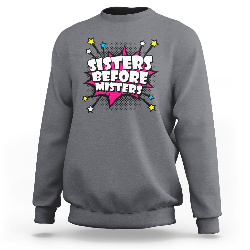 Dark heather gray retro crewneck sweatshirt with long sleeves and “Sisters Before Misters” graphic.