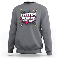 Dark heather gray retro crewneck sweatshirt with long sleeves and “Sisters Before Misters” graphic.