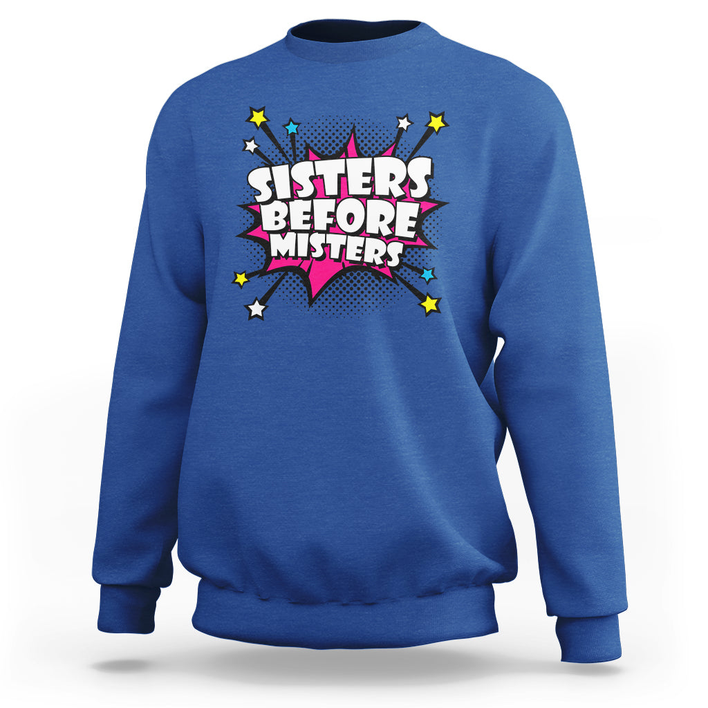 Royal blue retro crewneck sweatshirt with long sleeves and “Sisters Before Misters” graphic.