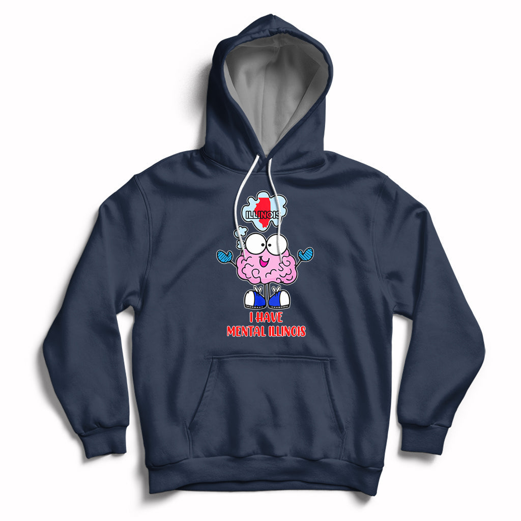 Navy pullover hoodie with hood, front pocket, and mental Illinois graphic print.