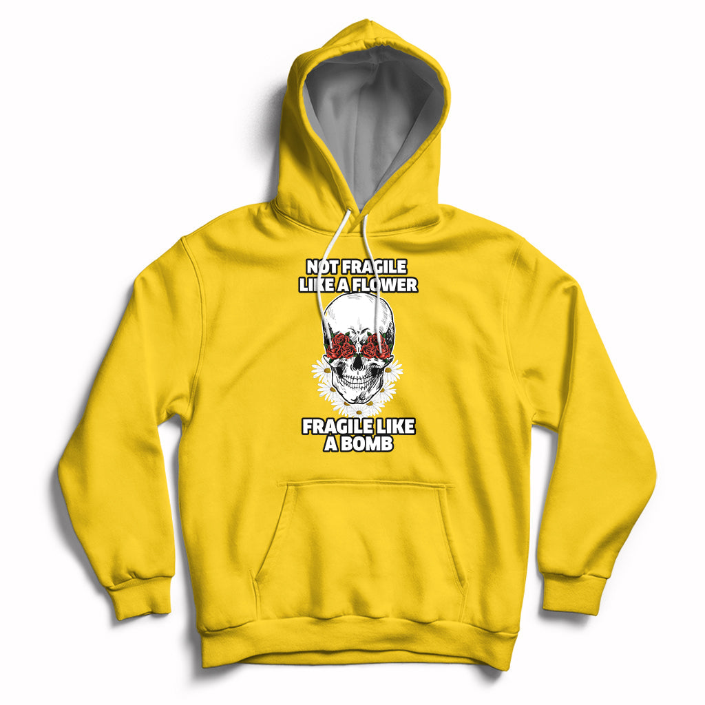 Mustard yellow floral skull hoodie with front graphic, drawstring hood, and kangaroo pocket