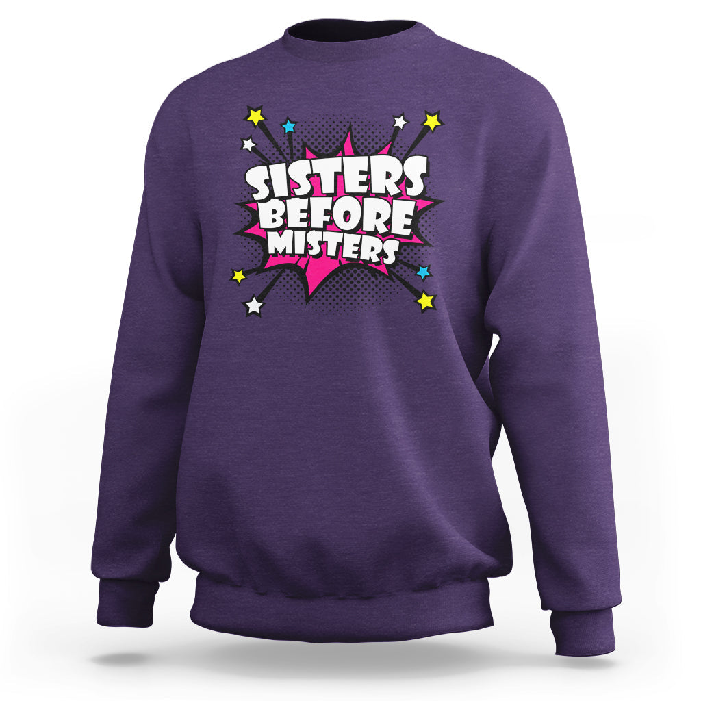 Purple retro crewneck sweatshirt with long sleeves and “Sisters Before Misters” graphic.