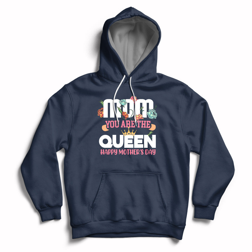 Women's navy hoodie with front pocket, hood, and 'You Are The Queen' crown graphic