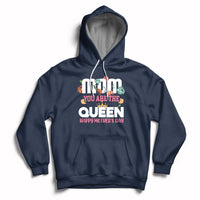 Women's navy hoodie with front pocket, hood, and 'You Are The Queen' crown graphic