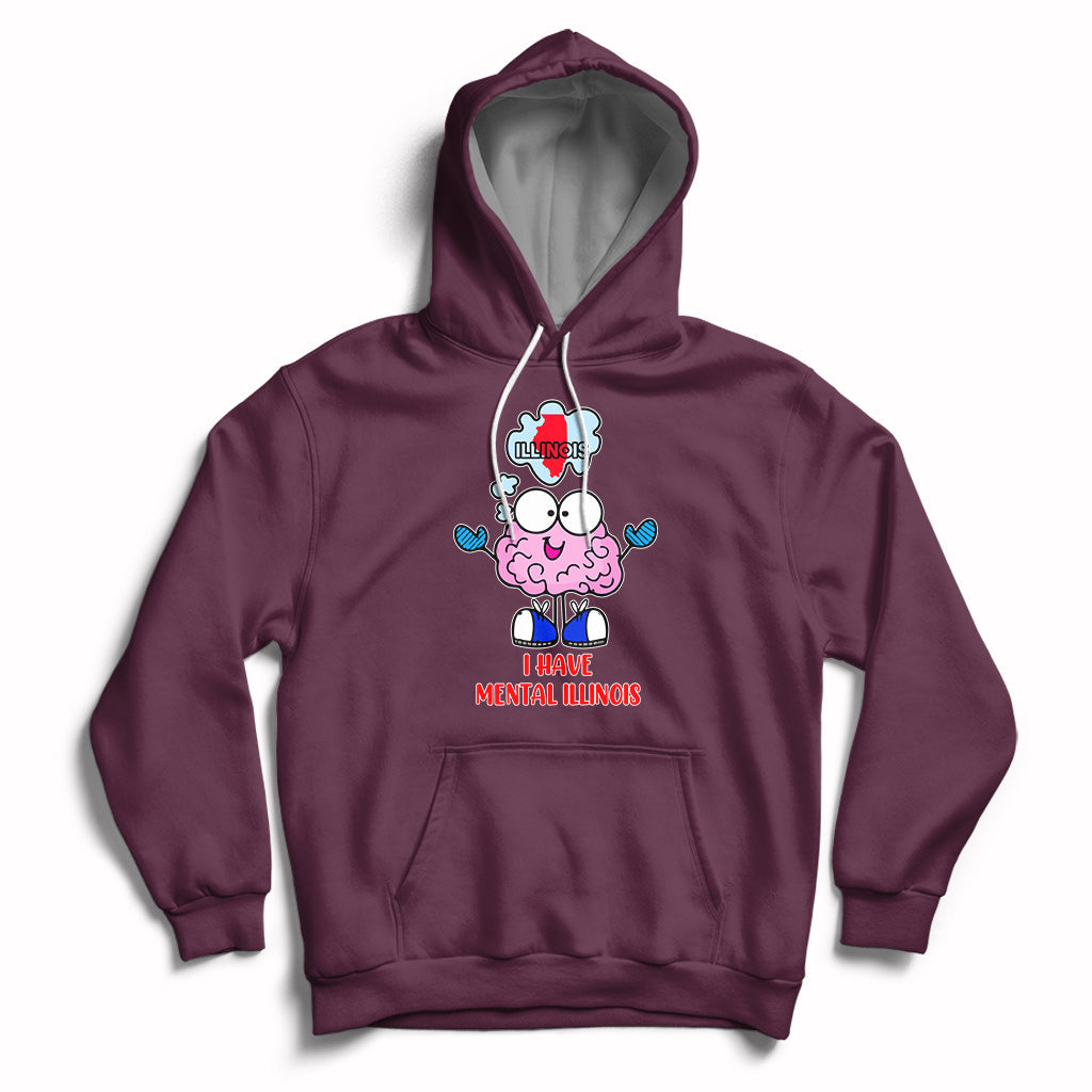 Maroon pullover hoodie with hood, front pocket, and mental Illinois graphic print.