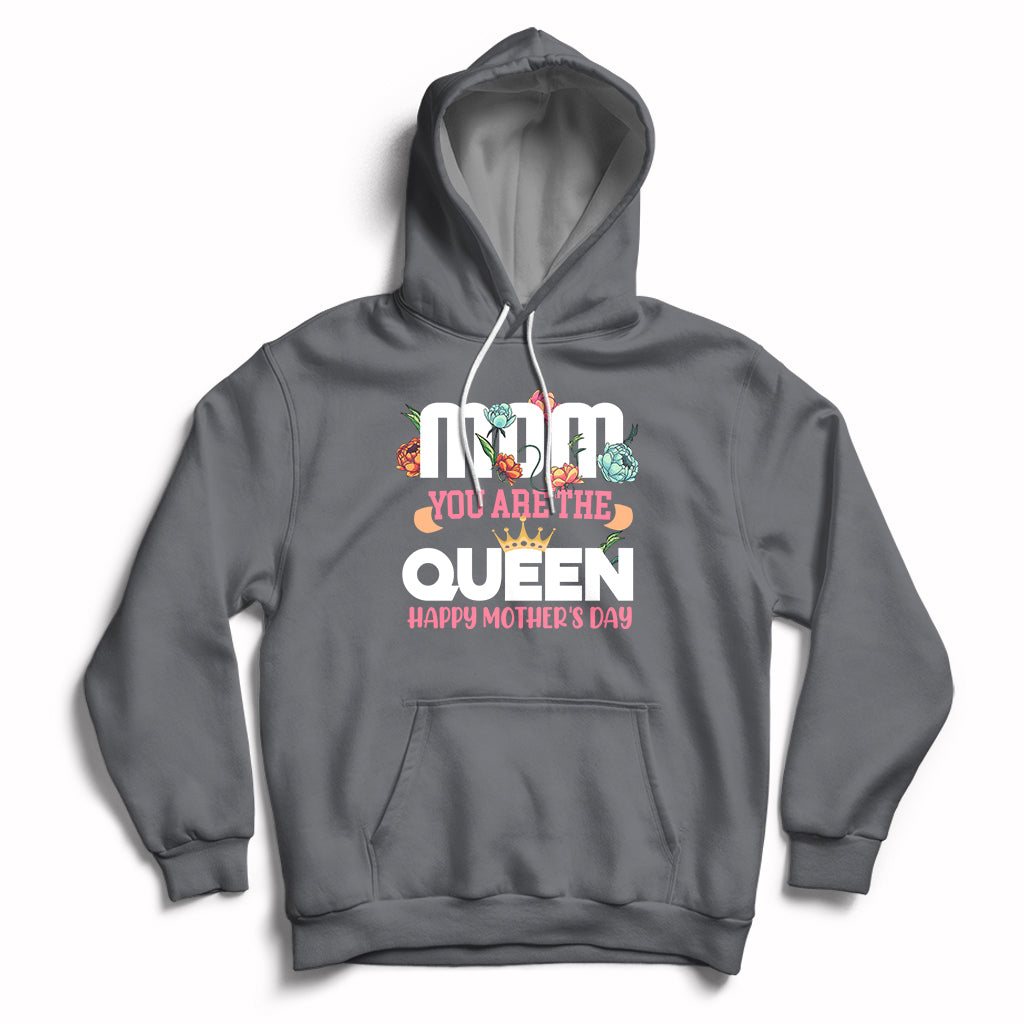 Women's charcoal gray hoodie with front pocket, hood, and 'You Are The Queen' crown graphic