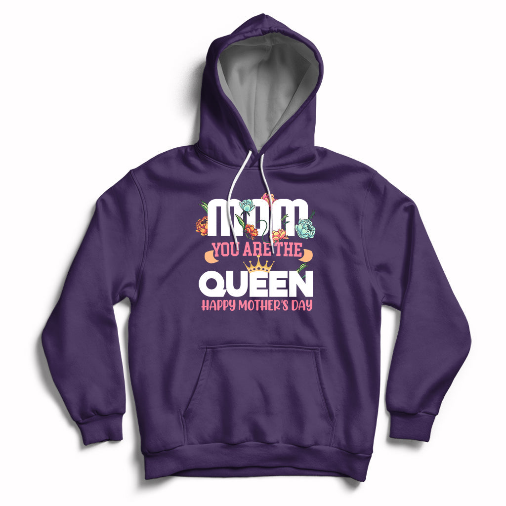 Women's purple hoodie with front pocket, hood, and 'You Are The Queen' crown graphic
