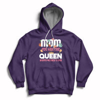 Women's purple hoodie with front pocket, hood, and 'You Are The Queen' crown graphic