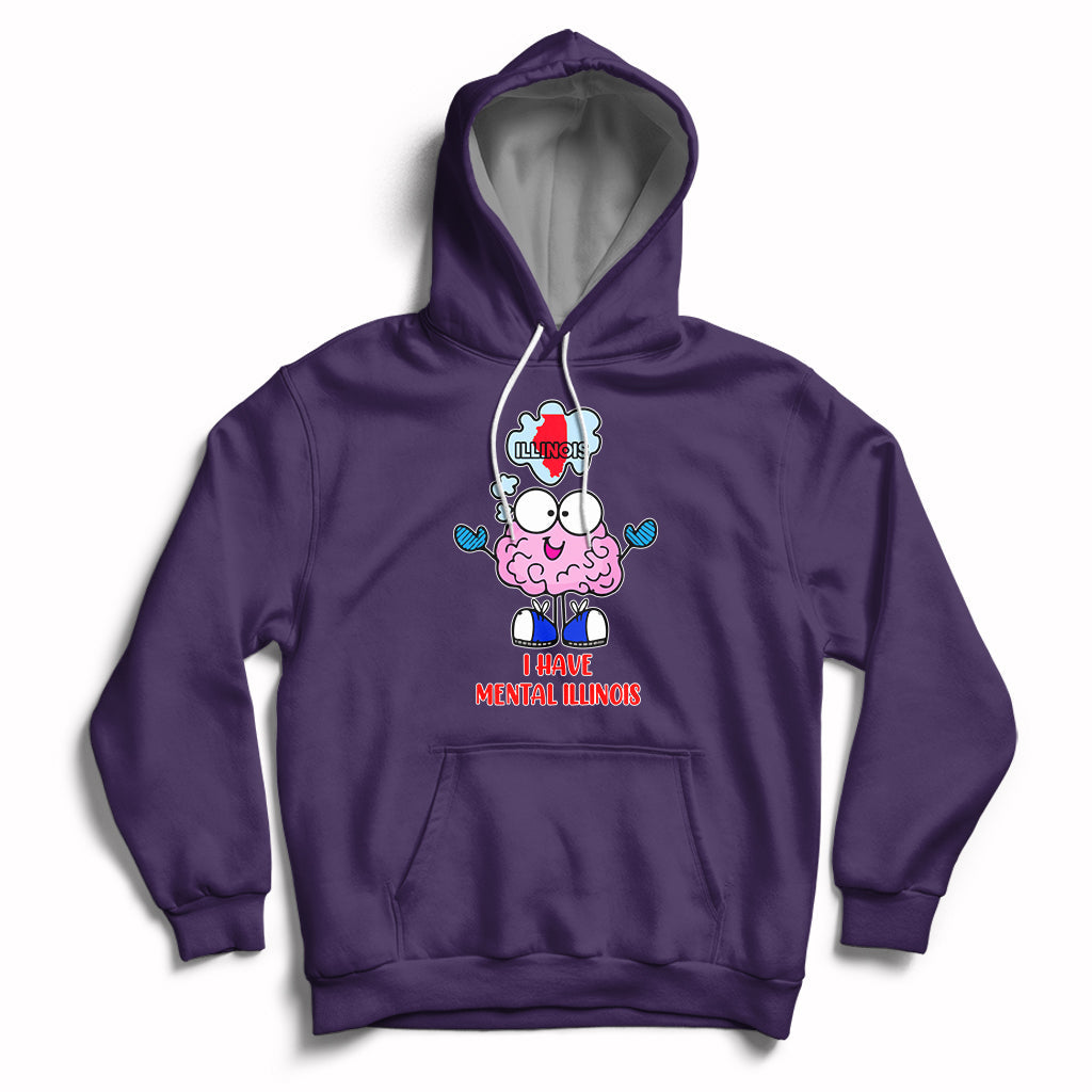 Purple pullover hoodie with hood, front pocket, and mental Illinois graphic print.