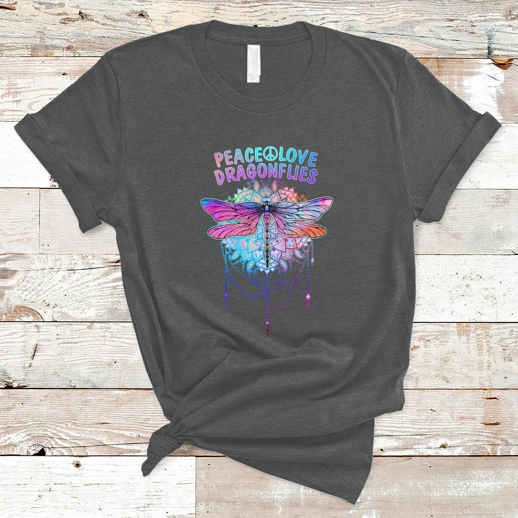 Colorful Peace Love Dragonflies Lovers Boho Mandala T Shirt - Wonder Print Shop