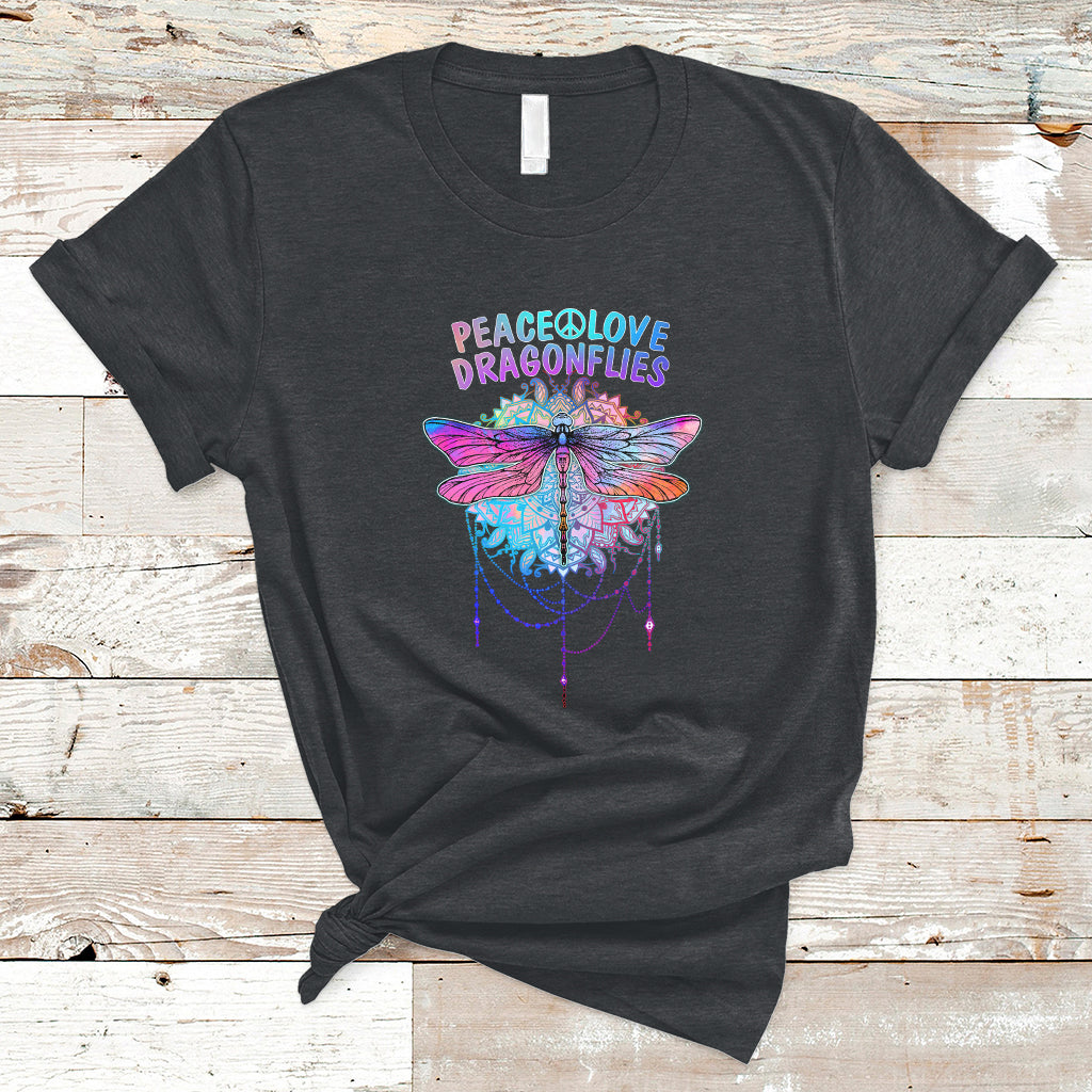 Colorful Peace Love Dragonflies Lovers Boho Mandala T Shirt - Wonder Print Shop