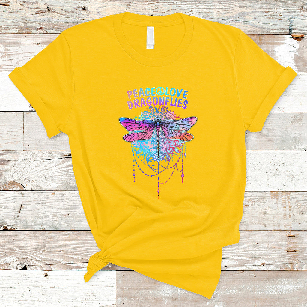 Colorful Peace Love Dragonflies Lovers Boho Mandala T Shirt - Wonder Print Shop