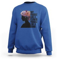 Women’s sweatshirt (back) royal blue with floral silhouette and stacked “Not fragile” text
