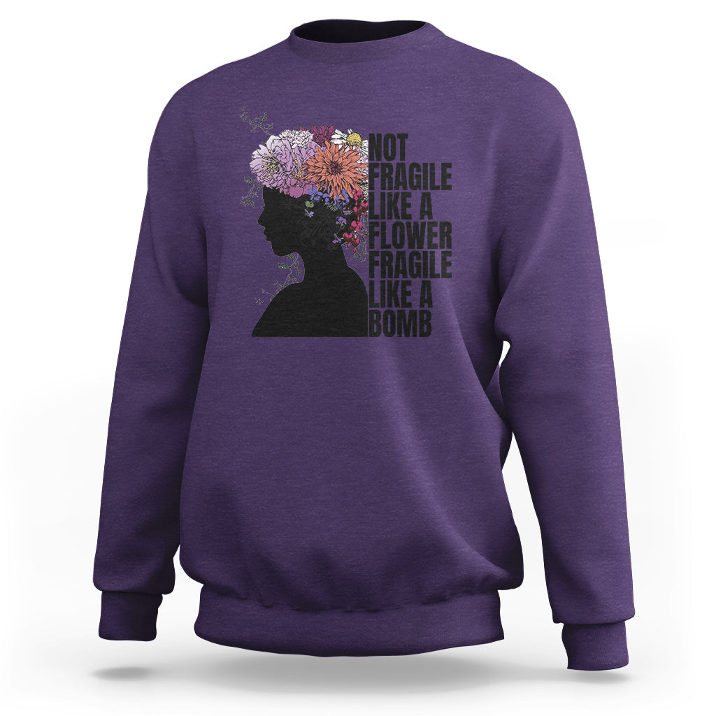 Women’s sweatshirt (back) purple with floral silhouette and stacked “Not fragile” text