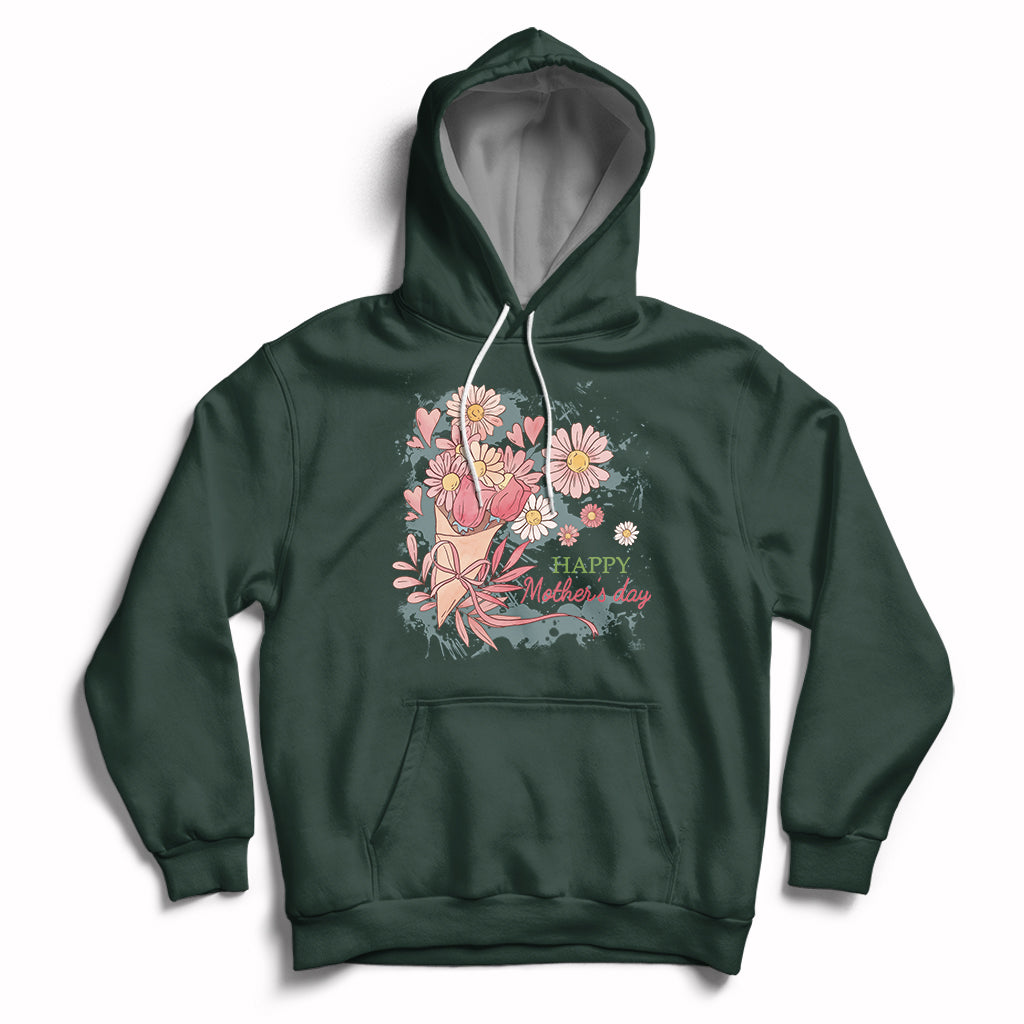 Forest green women’s hoodie with floral bouquet graphic and “Happy Mother Day” text on chest