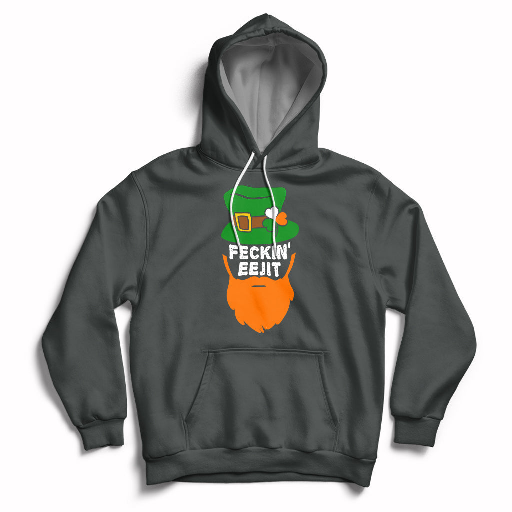 Dark gray hoodie with front pouch pocket, drawstring hood, and “FECKIN EEJIT” shamrock graphic.