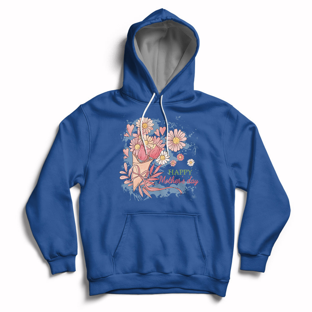 Royal blue women’s hoodie with floral bouquet graphic and “Happy Mother Day” text on chest