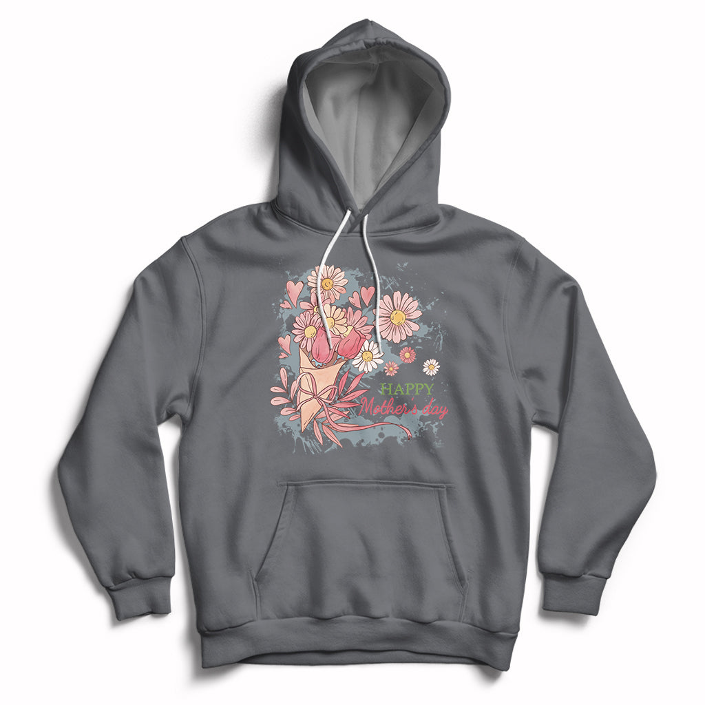 Charcoal gray women’s hoodie with floral bouquet graphic and “Happy Mother Day” text on chest