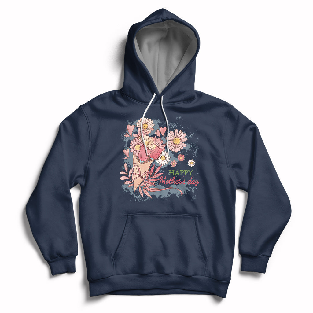 Navy women’s hoodie with floral bouquet graphic and “Happy Mother Day” text on chest