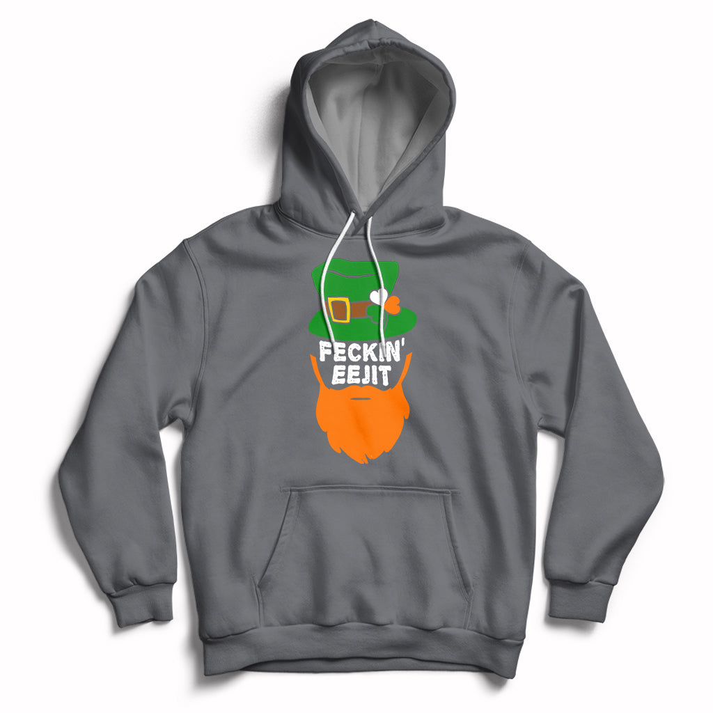 Charcoal gray hoodie with front pouch pocket, drawstring hood, and “FECKIN EEJIT” shamrock graphic.