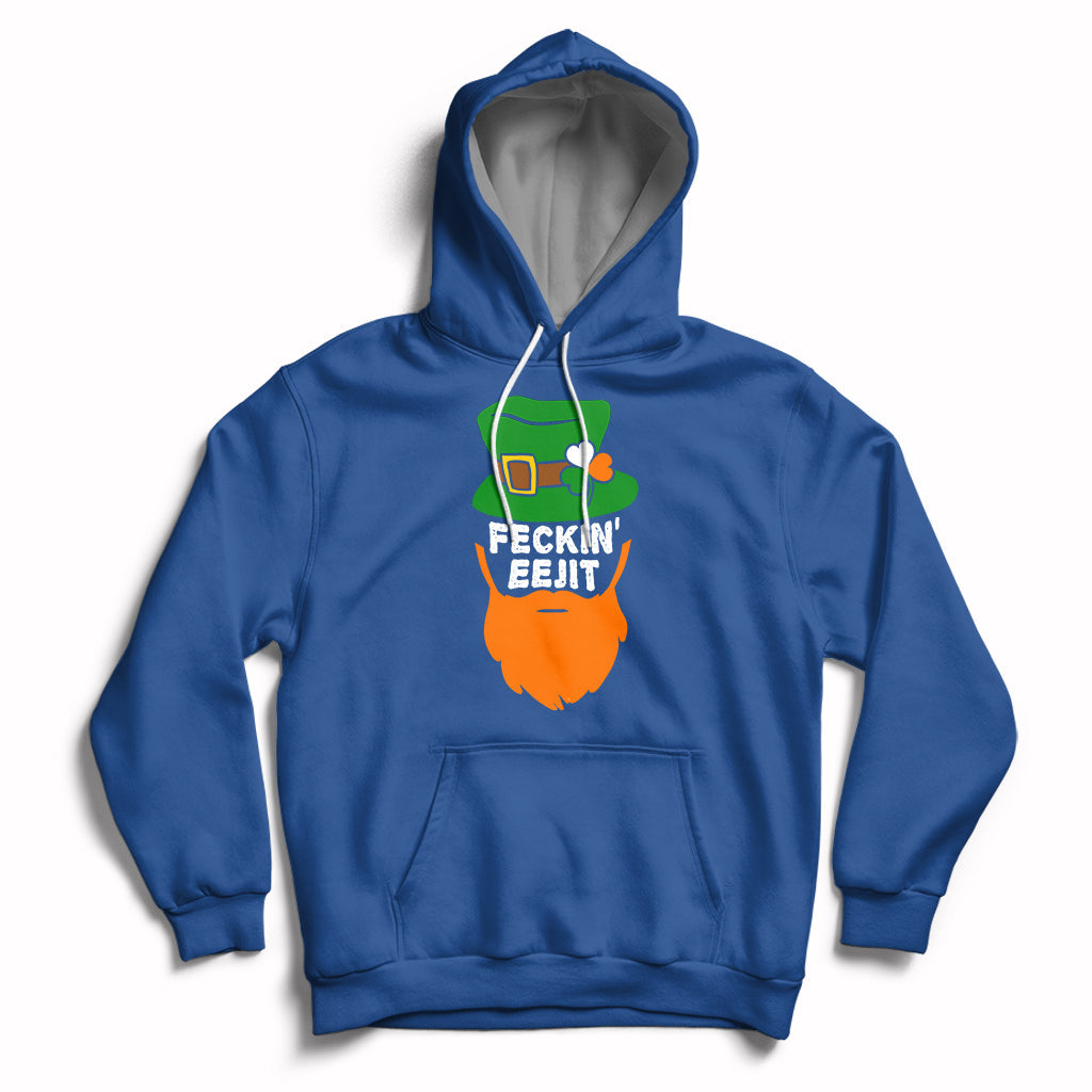 Royal blue hoodie with front pouch pocket, drawstring hood, and “FECKIN EEJIT” shamrock graphic.