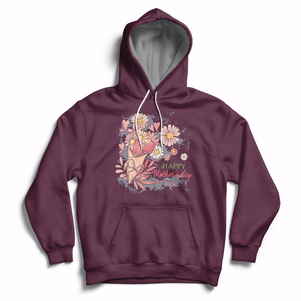 Maroon women’s hoodie with floral bouquet graphic and “Happy Mother Day” text on chest