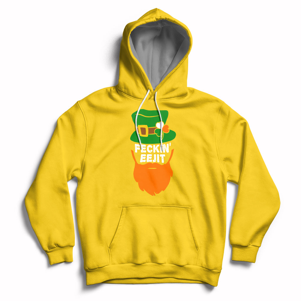Bright yellow hoodie with front pouch pocket, drawstring hood, and “FECKIN EEJIT” shamrock graphic.
